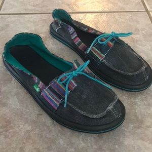 Sanuk Denim + Stripe Slip-ons